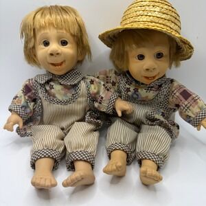 GiGo My Pals 11in Vintage Troll Doll Pair Striped Overalls Cottagecore Kitsch